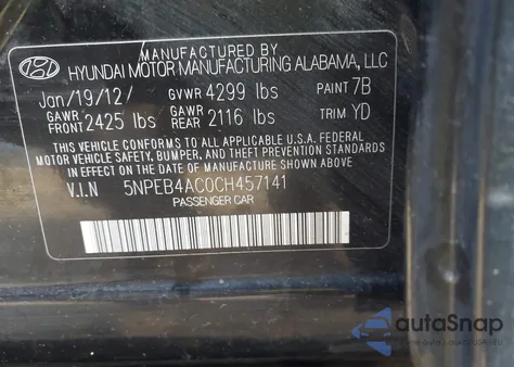 2012 Hyundai Sonata Gls z USA, uszkodzony, nr VIN 5NPEB4AC0CH457141